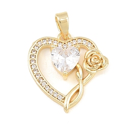 Heart Brass Pave Cubic Zirconia Pendants, Golden, Clear, Heart Charms, 18x17x4.5mm, Hole: 5x2mm