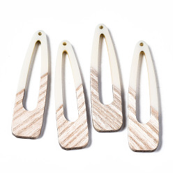 White Resin & Wood Big Pendants, Two Tone, Teardrop, White, 67x17x3.5mm, Hole: 2mm