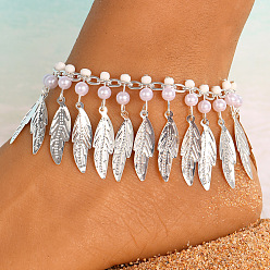 Платина Браслеты на ногу из богемного сплава с перьями и кисточками для женщин, платина, 8-5/8 дюйм (220 мм)