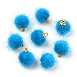 Blue Faux Mink Fur Covered Charms, with Golden Tone Brass Findings, Round, Blue, 12~14x10mm, Hole: 1.5mm