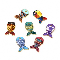 (52) Непрозрачная лаванда Стойки подвески обшивки сплава, напечатанный, без свинца, без кадмии и без никеля, очарование рыбы, золотой свет, разноцветные, 19x12.5x1.5 мм, отверстие : 1.4 мм