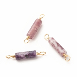 Lepidolite Natural Lepidolite Connector Charms, with Light Gold Eco-Friendly Copper Wire Wrapped, Column, 22~23.5x4mm, Hole: 2.2~2.4mm