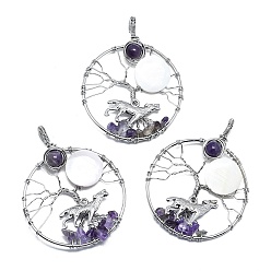 Платина Крупные подвески из натурального аметиста и белой ракушки, обвитые медной проволокой, древо жизни с леопардовыми подвесками, платина, 63.5~64.5x50.5~51x7.5~9.5 мм, отверстие : 4.2 мм