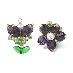 Индиго Прозрачные стеклянные подвески, цветочный шарм, со стеклянными жемчужными бусинами и 304 петлями из нержавеющей стали, индиговые, 29.5x23x22 мм, отверстие : 4x2.5 мм