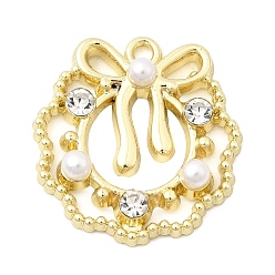 Золотой Подвески из сплава и страза, рождественский венок подвески, с пластиковой жемчужины, стойки покрытие, золотые, 19x18x4 мм, отверстие : 1.5 мм