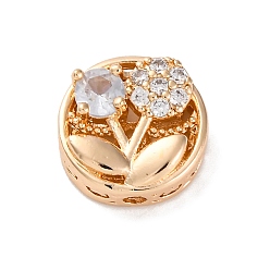 Золотой Стойки обшивки латунь микро проложить кубического циркония бусы, со стеклом, долговечный, без свинца и без кадмия, плоские круглые с цветком, золотые, 12x6 мм, отверстие : 1.6 мм