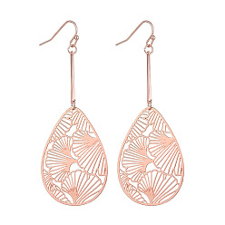 Розовое Золото Латунь болтаться серьги, капля с рисунком листьев гинкго, розовое золото , 58x38 мм