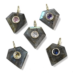 Лабрадорита Ограненные подвески из натурального лабрадорита, Бриллиантовые подвески с латунными микропаве и фианитами кубического циркония случайного цвета, золотые, 25x18x8 мм, отверстие : 4x2 мм