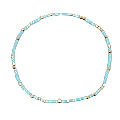 Светло-Голубой Минималистичные браслеты из стеклянных бусин и латунных бусин для женщин, круглые, золотые, Небесно-голубой, 6.89 дюйм (17.5 см)