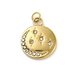 Настоящее золото 18K 304 из нержавеющей стали горный хрусталь подвески, с целью перехода в кольце, плоский круглый с подвеской в виде луны и звезды, ионное покрытие (ip), реальный 18 k позолоченный, 17x13.5x2 мм