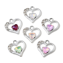 Platinum UV Plating Alloy Glass Pendants, Heart Charm, with Rhinestone, Faceted, Mixed Color, Platinum, 18.5x18.5x3.7mm, Hole: 2.4mm