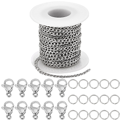 Нержавеющая Сталь Цвет Наборы для самостоятельного изготовления цепочек-ожерельев, включая 304 цепи с кубинскими звеньями из нержавеющей стали, застежки-карабины и открытые соединительные кольца, цвет нержавеющей стали