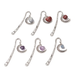 Mixed Stone Mixed Natural Gemstone Moon Bookmarks, Tibetan Style Alloy Hook Bookmark, 125mm