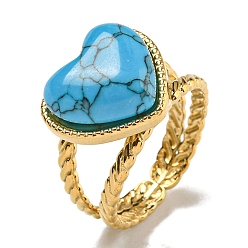 Настоящее золото 18K Ионное покрытие (ip) 304 открытые манжеты из нержавеющей стали, синтетические бирюзовые кольца на палец в форме сердца для женщин и мужчин, реальный 18 k позолоченный, регулируемый
