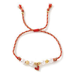 Красный Браслеты ручной работы с подвесками в виде сердечек из латуни с эмалью., Браслеты из плетеного шнура с бусинами для женщин, с пластиковой имитационной жемчужиной, красные, 11.02 дюйм (28 см)