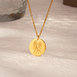 Золотой Стильные 304 плоские круглые подвески из нержавеющей стали с подвеской в виде знака зодиака Близнецы для ежедневного ношения женщинами, золотые, 17.72 дюйм (45 см)