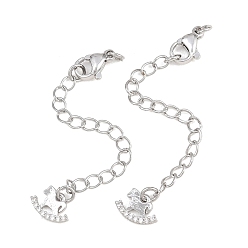 Platinum Brass Curb Chain Extender, End Chains with Lobster Claw Clasps and Cubic Zirconia Charms, Hobbyhorse, Platinum, 70mm, Hole: 2.4mm