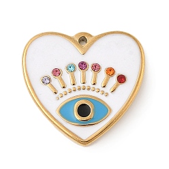 Белый 304 нержавеющей стальной эмали подвески, со стразами, сердце с очаровательными глазами, реальный 18 k позолоченный, вакуумное покрытие pvd, белые, 23x24x3 мм, отверстие : 1.4 мм
