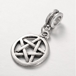 Antique Silver Tibetan Style Alloy Large Hole European Dangle Charms,  Wicca Charms, Flat Round with Star, Antique Silver, 32mm, Hole: 5mm