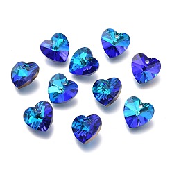 Синий Граненый стеклянный шарм, сердце, с покрытием на задной стороне, синие, 14x14x7.5 мм, отверстие : 1.4 мм