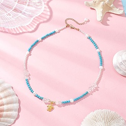 Золотой Летние ожерелья из сплава с подвеской в виде черепахи, Круглые бусины из синтетической бирюзы, ракушечного жемчуга, натурального кварца и натурального жемчуга для женщин, золотые, 17.64 дюйм (44.8 см)