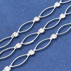 Серебро Цепи ручной работы с латунными звеньями и прозрачными кубическими цирконами в форме конского глаза, несварные, с катушкой, серебряные, 14.5x5x0.8 мм и 7.5x3.2x2 мм, около 16.40 футов (5 м) / рулон