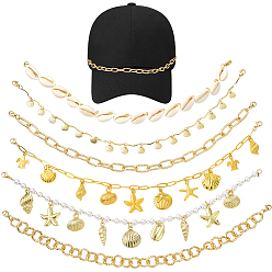 Золотой 6 шт. 6 стили: ракушка каури в морском стиле, цепочка для бейсболки из алюминия, латуни и сплава, золотые, 270~295 мм, 1 шт / стиль