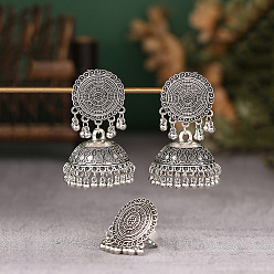 Античное Серебро Комплект из плоских круглых и колокольчатых сережек-гвоздиков и колец в этническом стиле из сплава, античное серебро, 60x35 мм