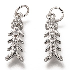 Платина Латунные микропаве прозрачные подвески с фианитом, долговечный, с целью перехода в кольце, форма рыбьей кости, платина, 18x6x2.5 мм, Перейти кольцо: 5x1 мм, 3 мм внутренним диаметром