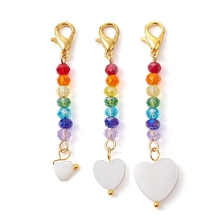 Cœur Décorations pendentif coquille d'eau douce, avec fermoirs mousquetons en alliage et perles de verre, cœur, 48~57mm, 3 pièces / kit