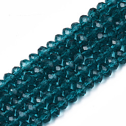Dark Cyan Glass Beads Strands, Faceted, Rondelle, Dark Cyan, 4x3mm, Hole: 0.4mm, about 123~127pcs/strand, 16.5~16.9 inch(42~43cm)