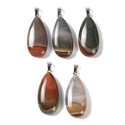 Picture Jasper Natural American Picture Jasper Pendants, with 304 Stainless Steel Snap on Bails, Teardrop Charm, 44x20x9mm, Hole: 7x4mm