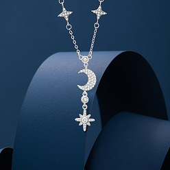 Платина Звезда и луна 925 ожерелья с подвесками из стерлингового серебра с микропаве из прозрачных кубических цирконий, родий, платина, 15.75 дюйм (40 см)