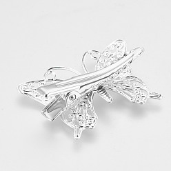Silver Rack Plating Hair Accessories Iron Alligator Hair Clip Findings, with Brass Filigree Cabochon Bezel Settings, Butterfly, Silver Color Plated, 34x26x9.5mm