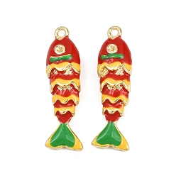 Красный Настройки горный хрусталь эмаль кулон сплава, рыба, золотые, красные, пригодный для стразов 1.2 мм, 31x8.5x6 мм, отверстие : 1.5 мм