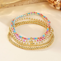 (52) Непрозрачная лаванда 4шт. 4 стили латунные и стеклянные круглые бусины эластичные браслеты для женщин, разноцветные, внутренний диаметр: 6-1/2 дюйм (16.5 см)