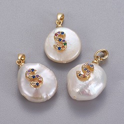 Letter S Подвески из натурального пресноводного жемчуга, с латунными микро проложить кубических выводы циркония, самородки с буквой, долговечный, золотые, красочный, letter.s, 17~27x12~16x6~12 мм, отверстие : 4x2.5 мм