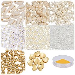 Doré  Kits de fabrication de bijoux DIY sur le thème de l'océan, y compris perles de coquillage cauri naturel, perles de turquoise synthétiques, Perles acryliques, Perles en laiton, Perles de rocaille en verre, or, 4~28x4~20x3.5~9mm, Trou: 1~2mm