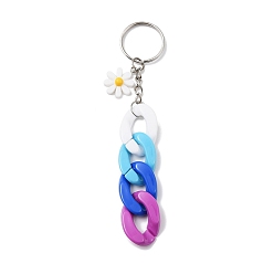 Colorful Acrylic Curb Chain Keychain, with Resin Daisy Charm and Iron Keychain Ring, Colorful, 12.8~13cm