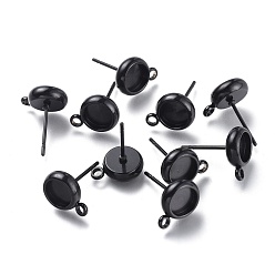 Черный 304 Настройки серьги из нержавеющей стали, с петлей, плоско-круглые, ионное покрытие (ip), чёрные, 14x8.3 мм, отверстие : 1.6 мм, штифты : 0.8 мм, лоток : 6 мм