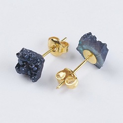 Hematite Plated Brass Ear Stud Components, with Natural Druzy Agate, Nuggets, Hematite Plated, 6~9x5~8.5x3~7mm, Pin: 0.7mm