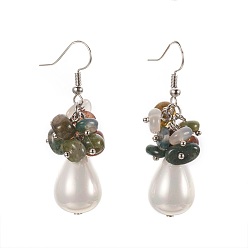 Indian Agate Natural Indian Agate Dangle Earrings, with Teardrop Shell Pearl Bead, Brass Ball Head pins, 304 Stainless Steel Jump Rings and Brass Earring Hooks, 49~51mm