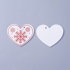 White Poplar Wood Pendants, Dyed, Heart with Snowflake, White, 51x62x3mm, Hole: 3mm