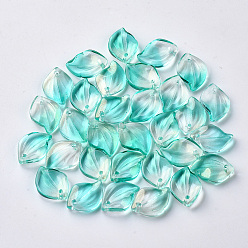 Turquoise Transparent Spray Painted Glass Pendants, with Glitter Powder, Leaf, Turquoise, 16x11.5x3.5mm, Hole: 1.5mm