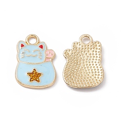 Aqua Alloy Enamel Pendants, Cat with Star Charm, Golden, Aqua, 18.5x12.5x1.5mm, Hole: 2mm