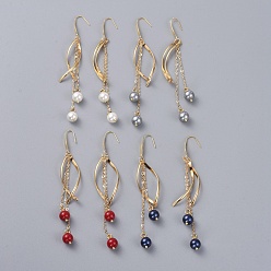 Mixed Color Shell Pearl Dangle Earrings, with 304 Stainless Steel Pendants, 316 Surgical Stainless Steel Earring Hooks, Brass Cable Chains and Cardboard Packing Box, Mixed Color, 98mm, Pin: 0.8mm