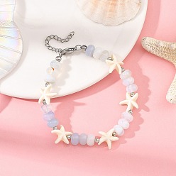 Blue Natural Banded Agate & Gemstone Starfish Shape  Beaded Bracelets, with 304 Stainless Steel Chain Extenders, Blue, 7.68 inch(19.5cm)
