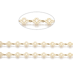 Real 18K Gold Plated Brass Handmade Beaded Chains,  Link Chain, Long-Lasting Plated, Soldered, with Spool, Textured Four Leaf Clover,Real 18K Gold Plated, Link: 10x6x0.5mm, about 32.8 Feet(10m)/roll