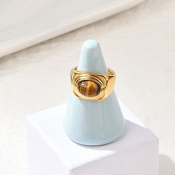 Тигровый глаз Овальные кольца на палец из натурального тигрового глаза, прямоугольник 304 кольца из нержавеющей стали, реальный 18 k позолоченный, 13.5 мм, размер США 7 1/4 (17.5 мм)