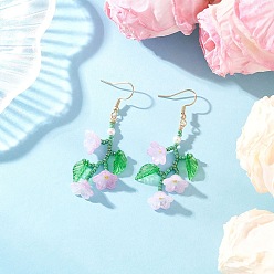 Фиолетовый 304 из нержавеющей стали болтаться серьги, со стеклянными семенами и акрилом, цветок, золотые, фиолетовые, 49~51 мм